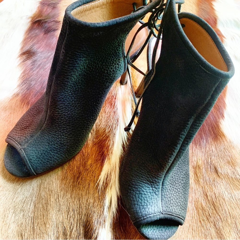 LUCKY BRAND Saiff peep toe black nubuck suede bootie heels tie back 7.5 ankle